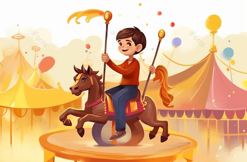 快乐可爱的小男孩坐着旋转木马,插画/手绘图,插画/手绘图库,插画/手绘图下载,插画/手绘